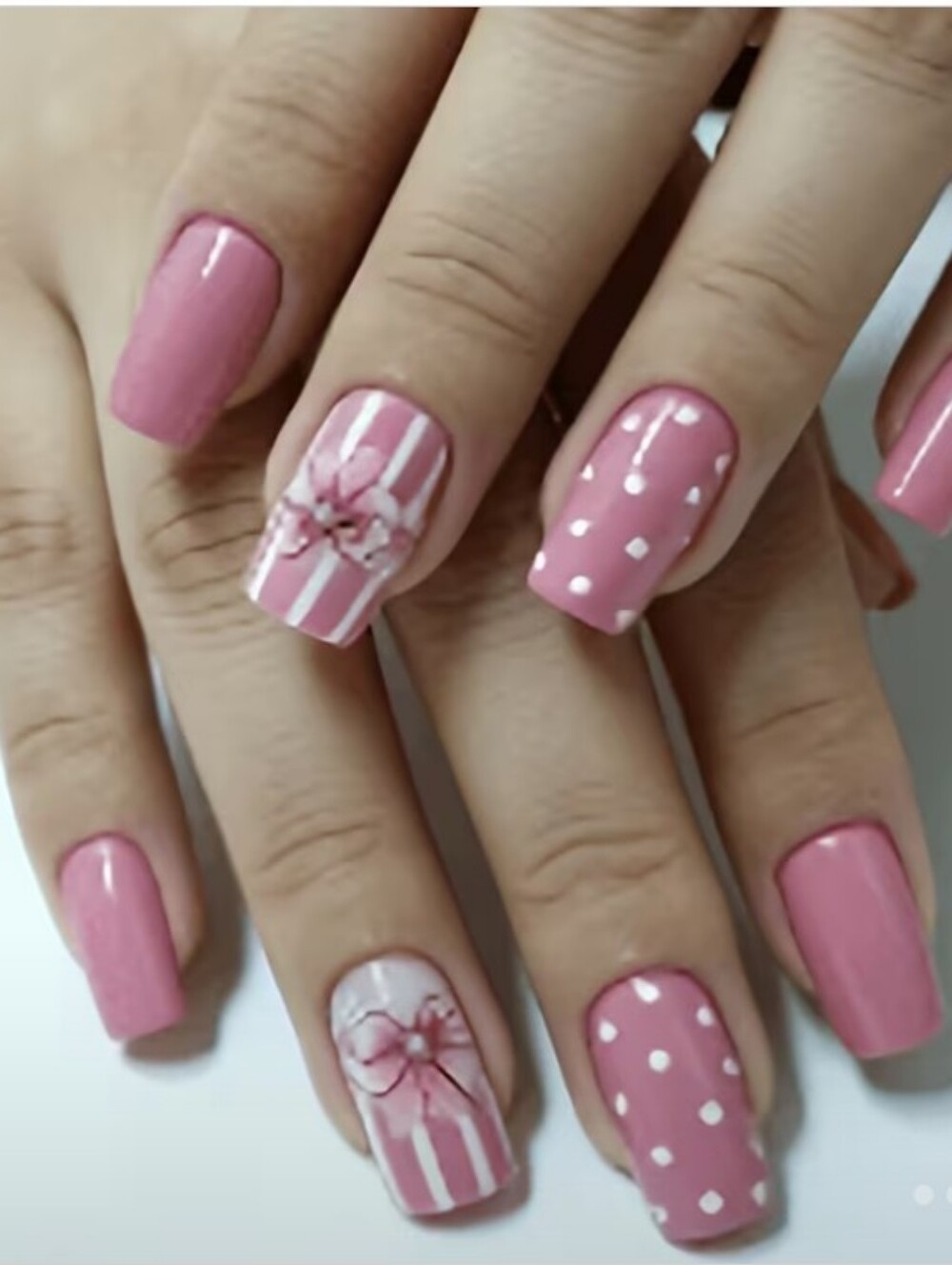 🔥3/$21 Pink Polished Press On Nails with Stripes, Dot & Bow Accent
